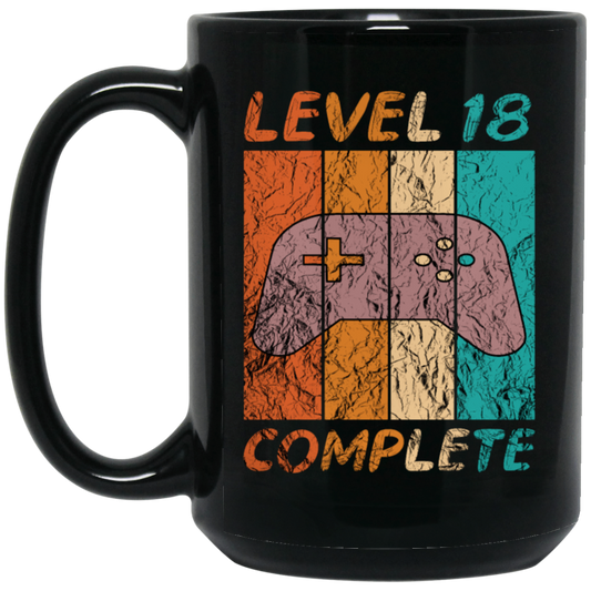 Level 18 Complete, 18th Birthday Gift, Eighteen Gamers, 18 Level Best Gift Black Mug