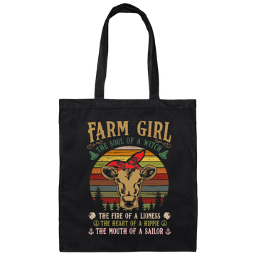 Farm Girl, Cute Cow Retro Gift, The Soul Of A Witch, Vintage Cow Canvas Tote Bag
