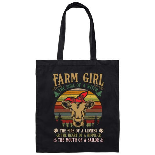 Farm Girl, Cute Cow Retro Gift, The Soul Of A Witch, Vintage Cow Canvas Tote Bag