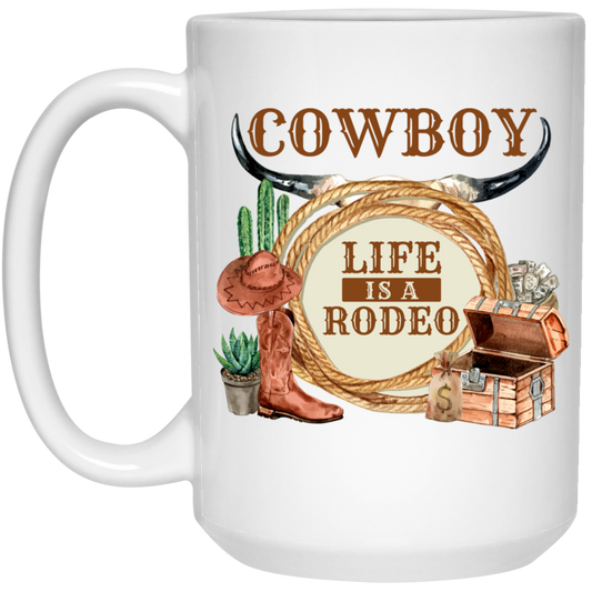 Cowboy Design, Retro Life Is A Rodeo, Love Cowboy Life White Mug
