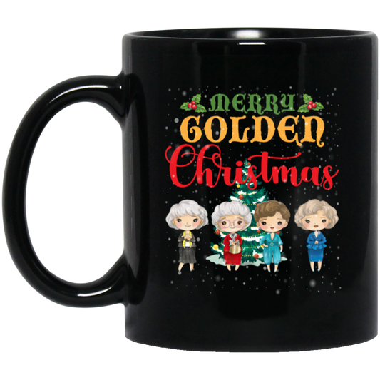 Merry Golden Christmas, Chibi Golden Girl Cartoon With Xmas Tree And Snow Best Gift Black Mug
