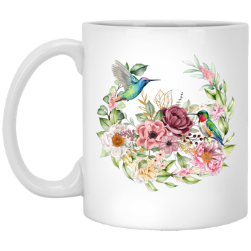 Hummingbird With Flower, Love Hummingbird, Beautiful Flowers White Mug