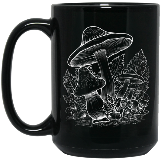 Aesthetic Mushroom, Cottagecore Design, Mushroom Lineart white Black Mug