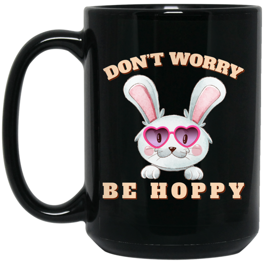 Don't Worry, Be Hoppy, Rabbit Wear Heart Glasses Black Mug