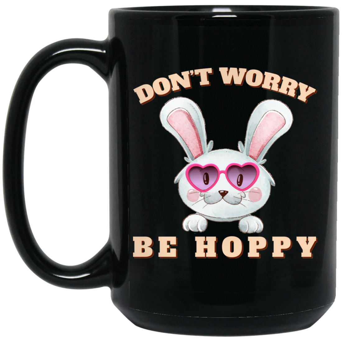 Don't Worry, Be Hoppy, Rabbit Wear Heart Glasses Black Mug