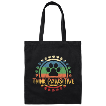Retro Dog Paw print Cat Think Pawsitive Pet lover Canvas Tote Bag