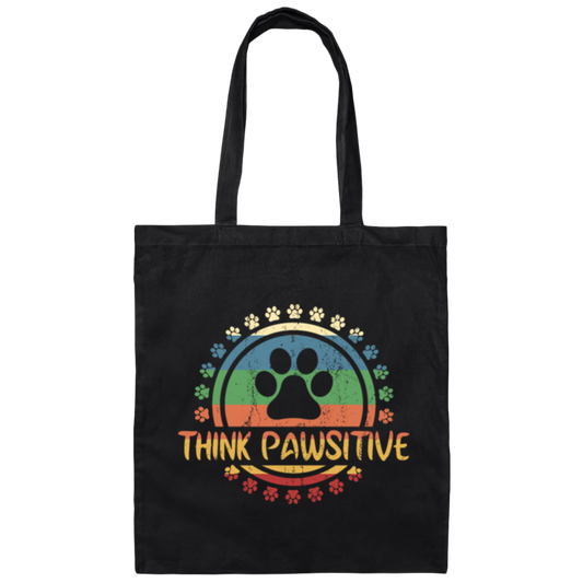 Retro Dog Paw print Cat Think Pawsitive Pet lover Canvas Tote Bag