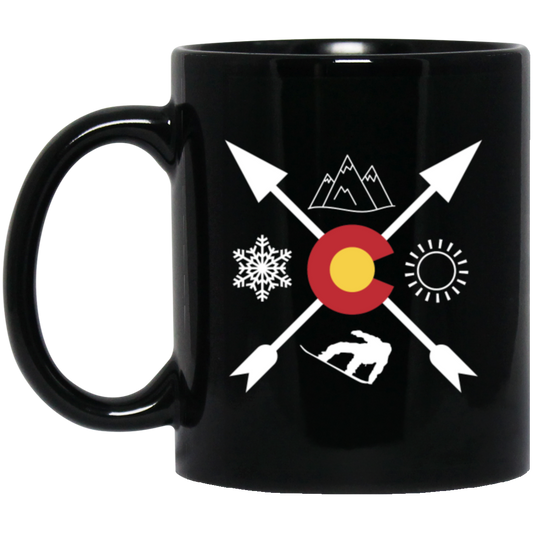 Denver Colorado, Snowboarding Direction, Sun Snow And Mountain Black Mug