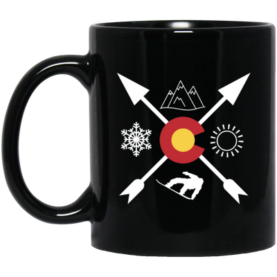 Denver Colorado, Snowboarding Direction, Sun Snow And Mountain Black Mug