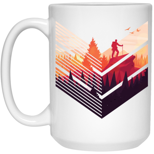 Super Cool, Colorful Hiker, Recognized A Mountain, Colorful Forest And Some Geometric White Mug