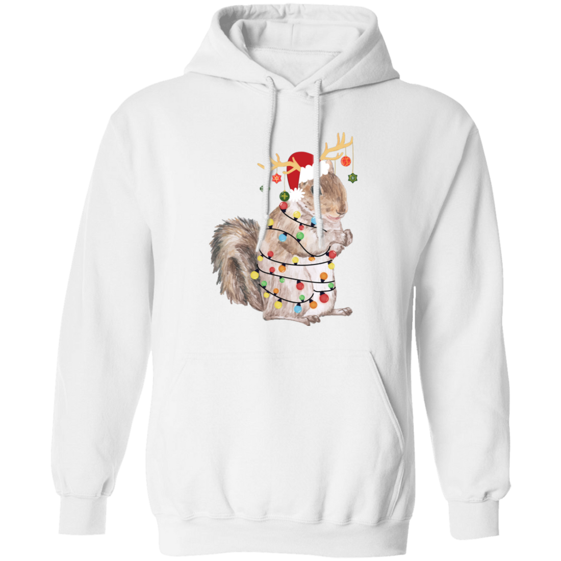 This Squirrel Christmas Pullover Hoodie is perfect for your holiday celebrations! It features a fun design with 'Merry Christmas' and Christmas lights, all with a funny squirrel in the middle. Made of lightweight yet warm material, it's a great piece to add to your winter wardrobe.