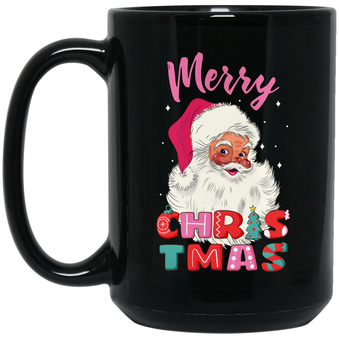 Cute Santa, Pinky Santa, Glance Santa Claus, Santa Face, Merry Christmas, Trendy Christmas Black Mug