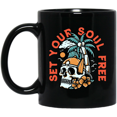 Set Your Soul Free, Cool Skull, Palm Tree On The Beach Black Mug