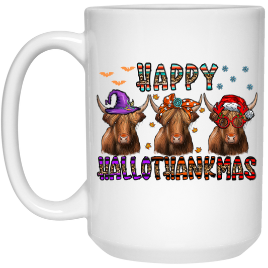 Happy Halloween Happy Thanks Giving Merry Christmas 3 Buffallo White Mug