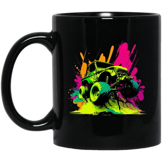 Car Lover Gift, Car In Neon Style, Love Neon Car, Cool Car On Road Black Mug