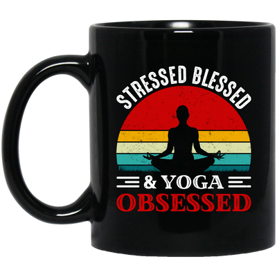 Stresses Blessed And Yoga Obsessed, Retro Yoga Black Mug