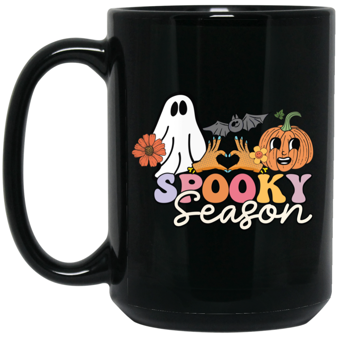 Spooky Season, Groovy Halloween, Boo And Bat Black Mug