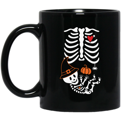 Skeleton Play Pumpkin, Happy Halloween, Lungs Bones, Skeleton Wear Witch Hat Black Mug