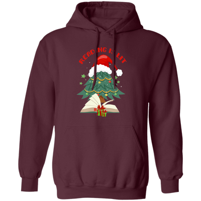 Reading Is Lit, Christmas Tree, Christmas Book, Merry Christmas, Trendy Christmas Pullover Hoodie