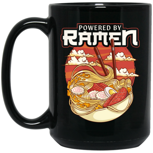 Cute Japanese Noodle Gift, Funny Anime Gift, Kawaii Powered By Ramen Black Mug