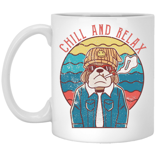 Chill And Relax, Dog Dad, Retro Dog, Cool Dog White Mug