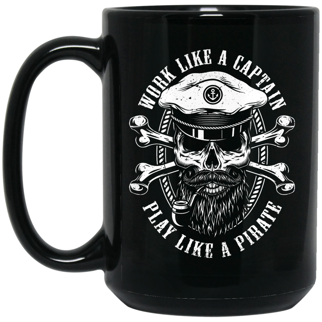 Work Like A Captain, Play Like A Pirate, Retro Pirate Silhouette Black Mug