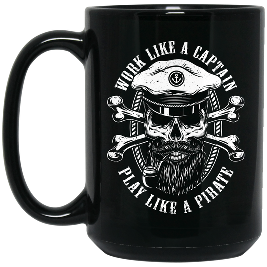 Work Like A Captain, Play Like A Pirate, Retro Pirate Silhouette Black Mug