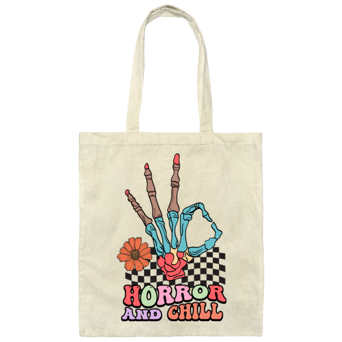 Horror And Chill, Skeleton Hand, Okay Sign, Groovy Skeleton Canvas Tote Bag