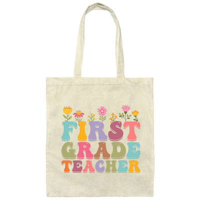 First Grade Teacher, Teacher, Groovy Style, Flower, Nursery Design Canvas Tote Bag