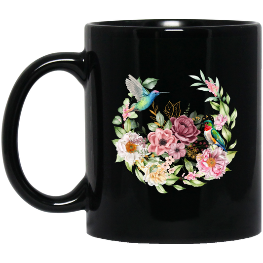 Hummingbird With Flower, Love Hummingbird, Beautiful Flowers Black Mug