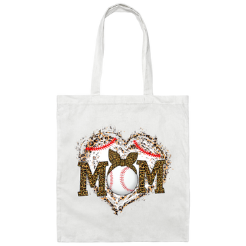 Funny Baseball Mom, Leopard Heart Mom, Ball Sport Lover Gift, Leopard Baseball Canvas Tote Bag