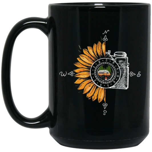 Camping Photography, Camera Sunflower, Love Sunflower, Love Camping Black Mug