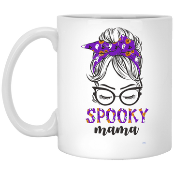 Spooky Mama, Halloween Party, Messy Buns Halloween White Mug