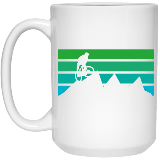 Mountains Vintage, Old With Mountain Bikers, Cycling Family, Green Moutain White Mug