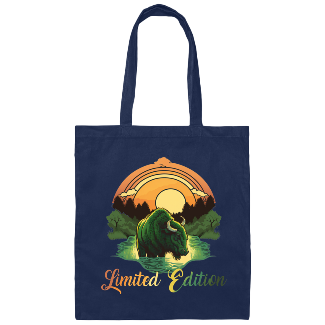 Green Bison With A River, Sunset And Treeline, Love Cow, Cow In Sunset Canvas Tote Bag