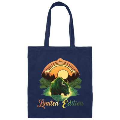 Green Bison With A River, Sunset And Treeline, Love Cow, Cow In Sunset Canvas Tote Bag