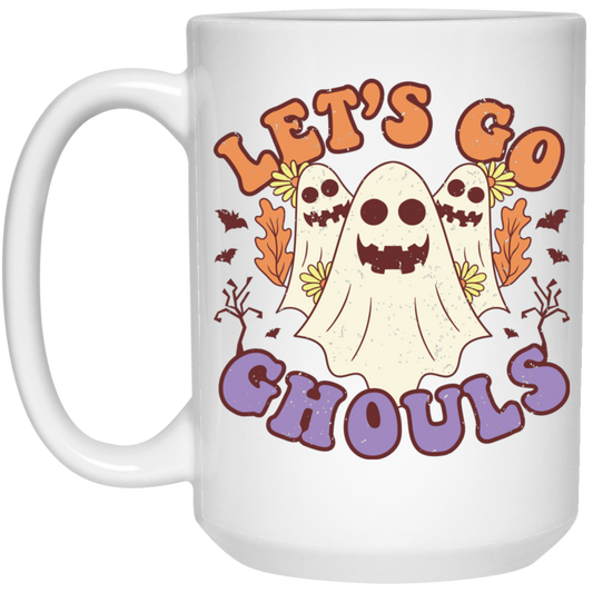 Let's Go Ghouls, 3 Boos, Funny Boo, Groovy Halloween White Mug