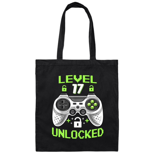 17 Years Old Birthday, Level 17 Unlocked, Video Games, Gamer Style Gift Canvas Tote Bag