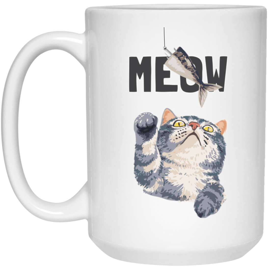 Cute Meow, Cute Stupid Cat, Cat Catch Fishing Rod White Mug