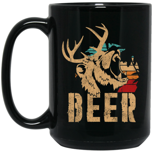 Bear And Deer, Big Roaring Vintage, Retro Wild Animal, Beer Mix Deer Black Mug