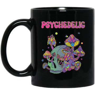 Psychedelic, Magic Mushroom, Mushroom And Skull Psycho Black Mug