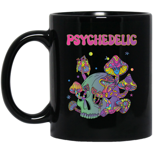 Psychedelic, Magic Mushroom, Mushroom And Skull Psycho Black Mug