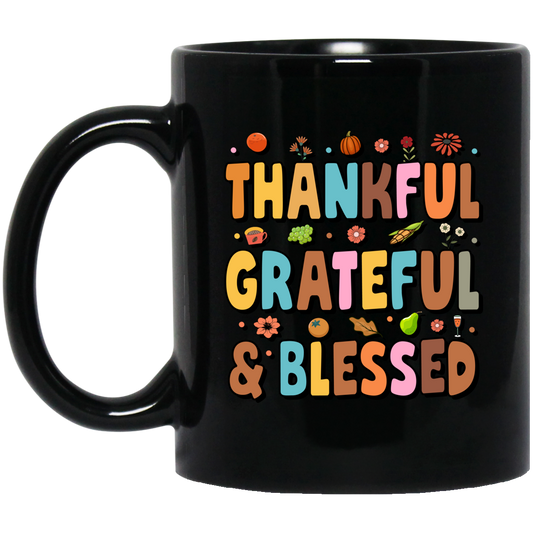 Groovy Thankful, Groovy Grateful, Blessed, Thanksgiving Black Mug