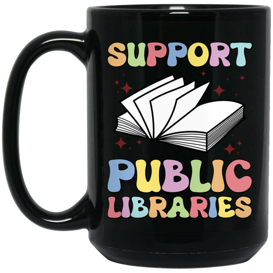 Support Public Libraries, Love Read, Groovy Bookworm Black Mug