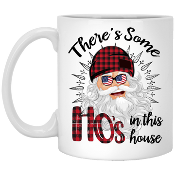 There's Some Ho's In This House, Cool Santa, Red Plaid Hat, Merry Christmas, Trendy Christmas White Mug
