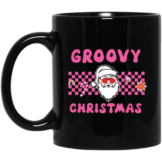 Groovy Christmas, Cool Santa, Pink Groovy Xmas, Merry Christmas, Trendy Christmas Black Mug