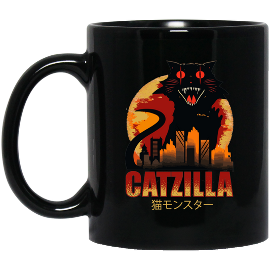 Catzilla In Tokyo City, Horror Cat, Black Cat, Angry Cat Black Mug