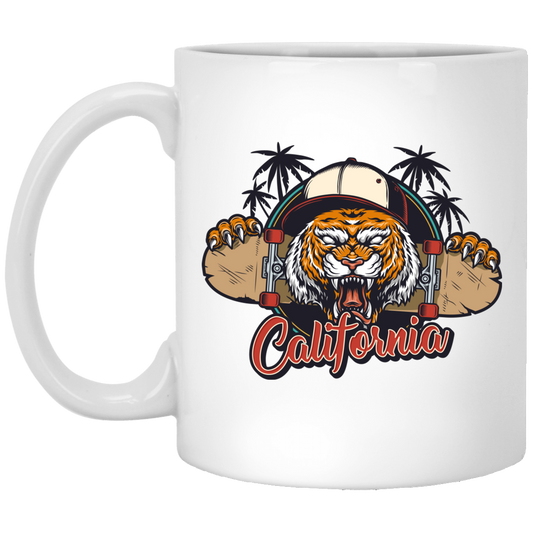 Tiger In California, California Beach, California Island White Mug