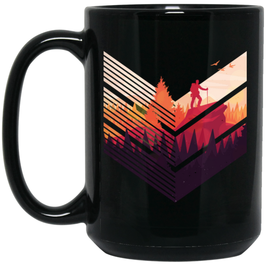 Super Cool, Colorful Hiker, Recognized A Mountain, Colorful Forest And Some Geometric Black Mug