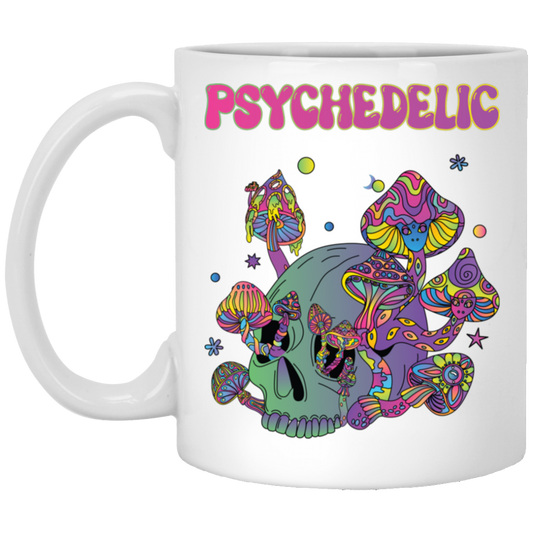 Psychedelic, Magic Mushroom, Mushroom And Skull Psycho White Mug